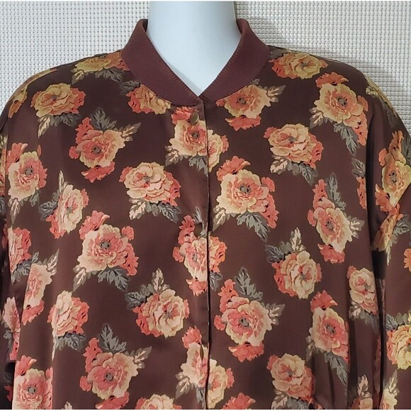 Saks Fifth Avenue Real Clothes Bomber Jacket Womens Large 100% Silk Brown Floral - Picture 2 of 11